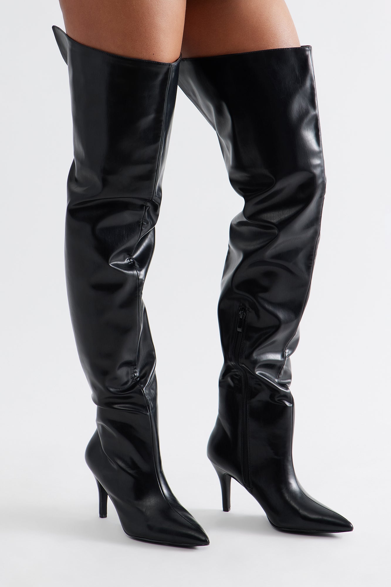 Rosalinda Faux Leather Thigh High Boots - Black