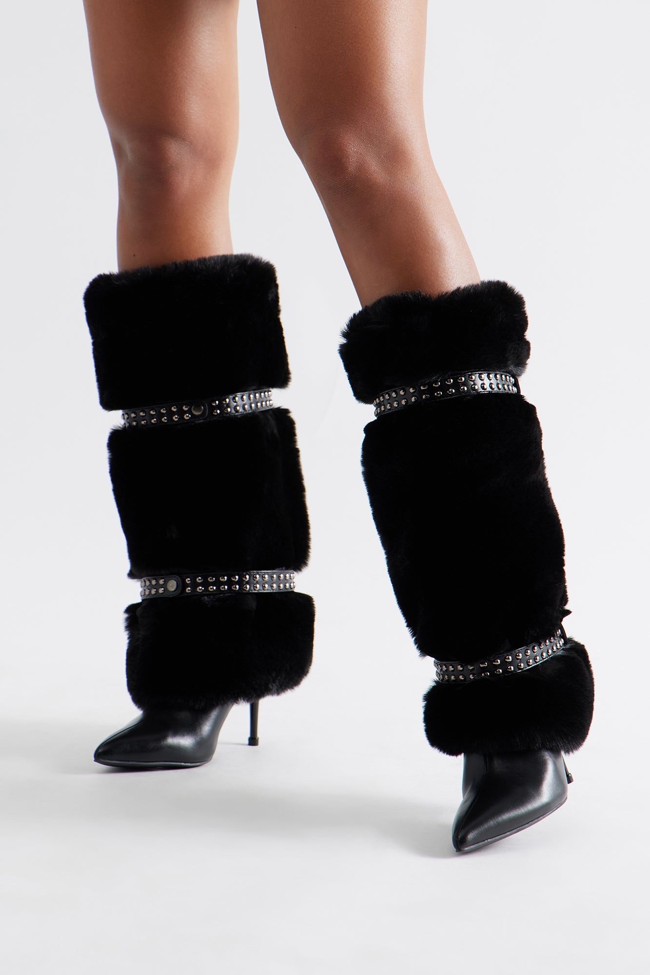 Bronx Studded Faux Fur Boots - Black