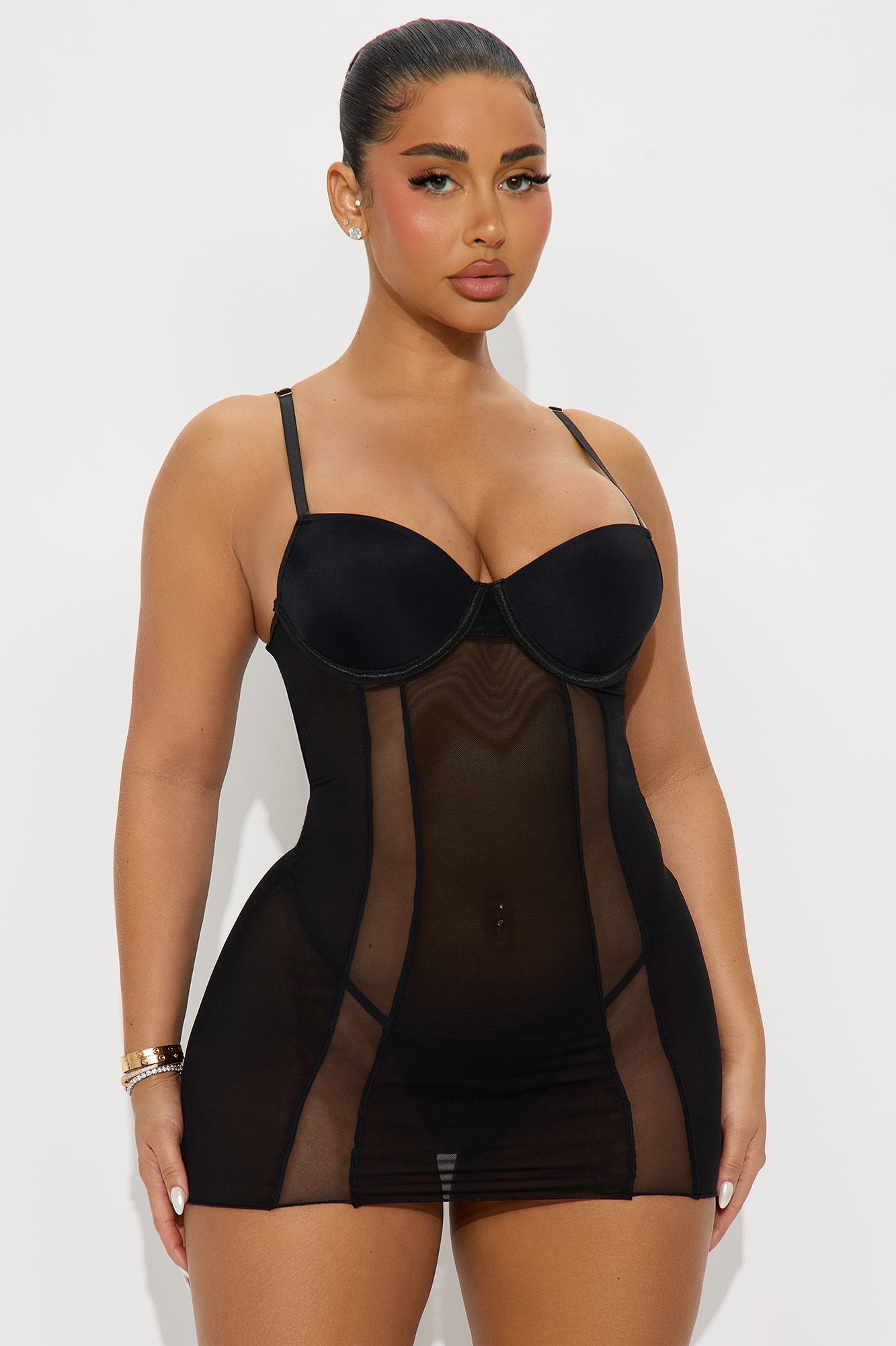 Keep It Tight Mesh Stripe Underwire Chemise - Black