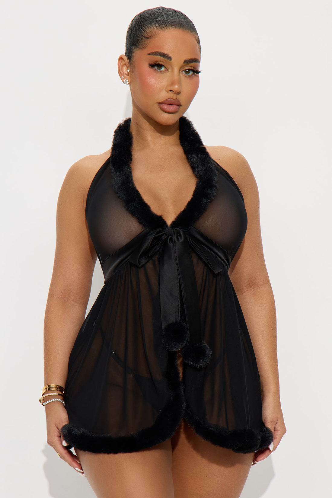 Angelica Marabou Mesh Babydoll - Black