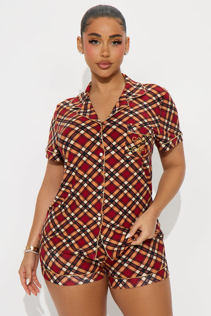 Cozy Comfy Embroidered Glitter Short Sleeve PJ Short Set - Brown/combo
