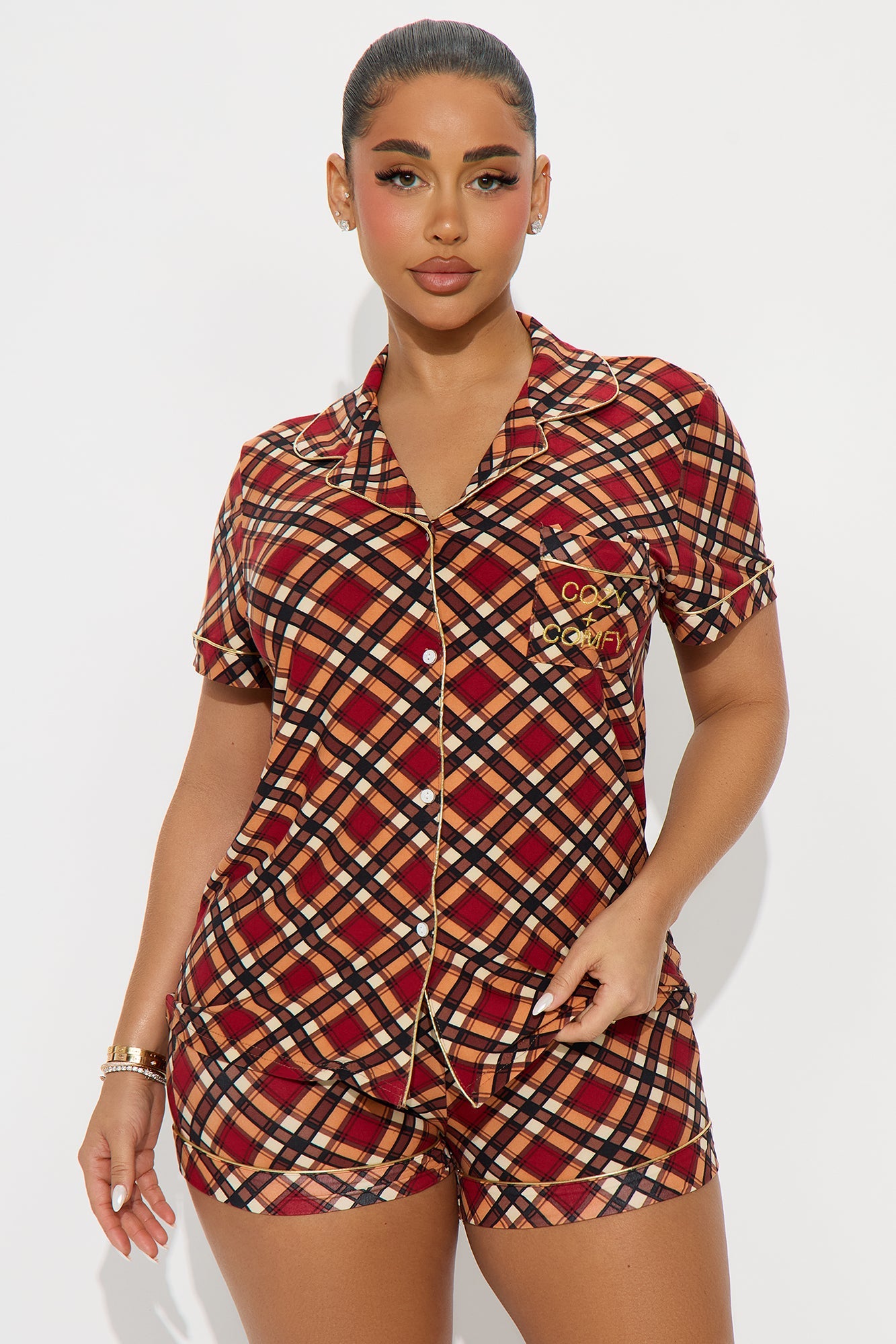 Cozy Comfy Embroidered Glitter Short Sleeve PJ Short Set - Brown/combo