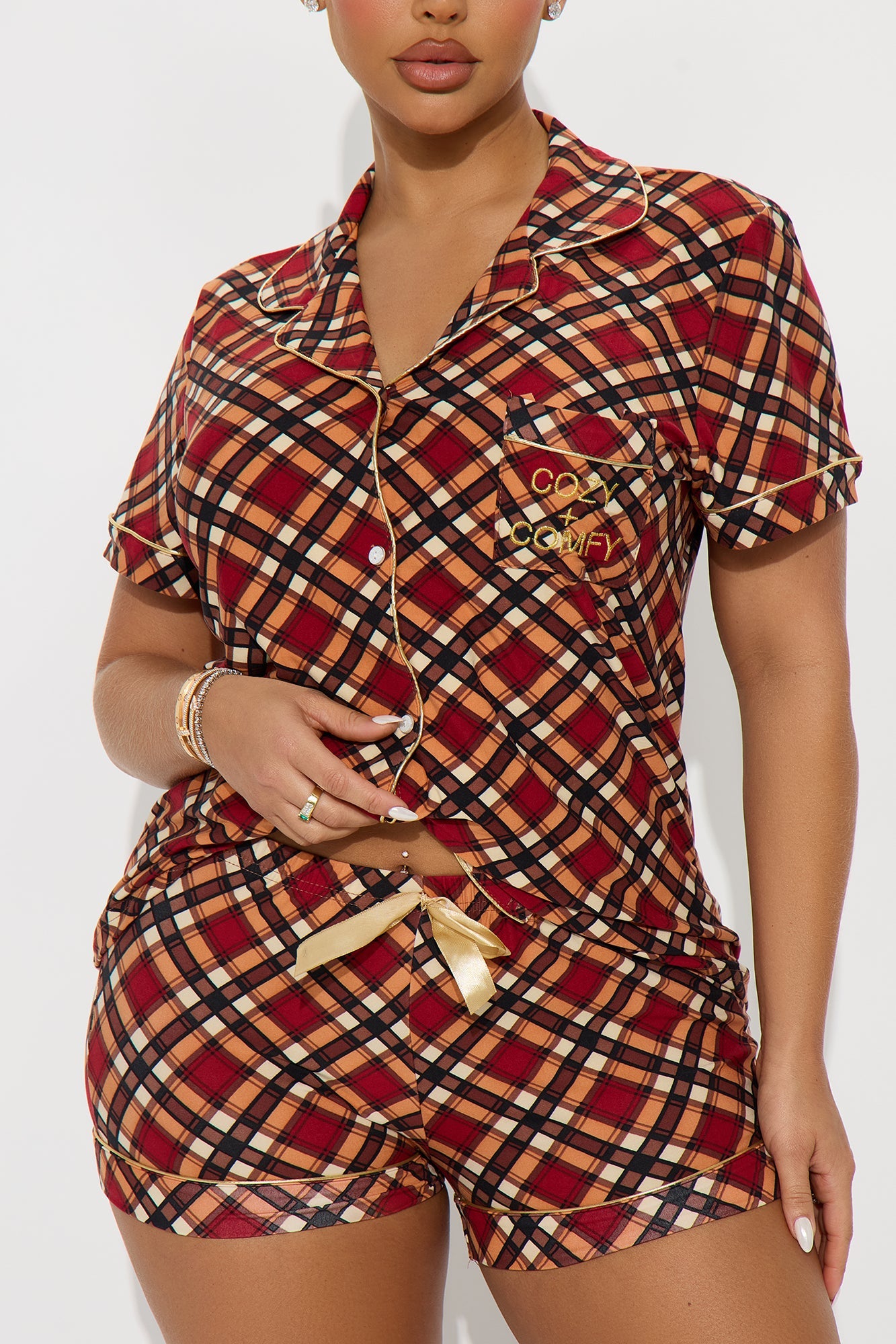Cozy Comfy Embroidered Glitter Short Sleeve PJ Short Set - Brown/combo