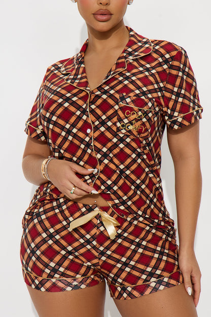 Cozy Comfy Embroidered Glitter Short Sleeve PJ Short Set - Brown/combo