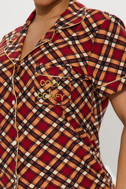 Cozy Comfy Embroidered Glitter Short Sleeve PJ Short Set - Brown/combo