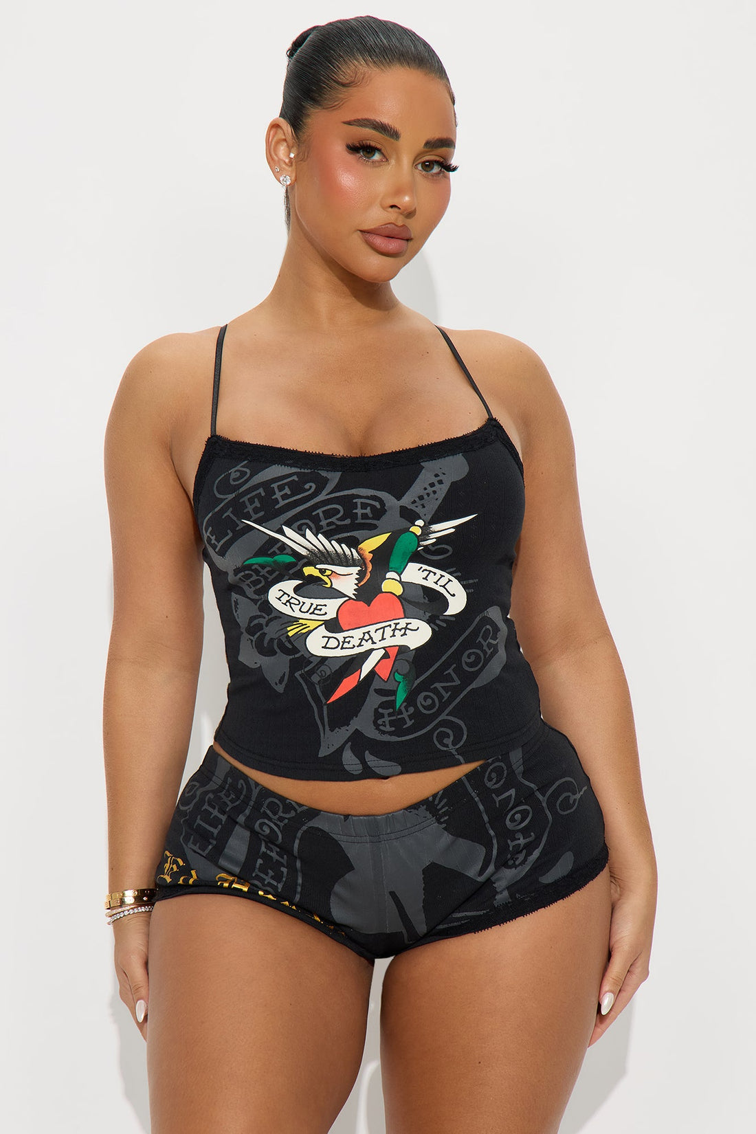 Ed Hardy Heart Pointelle Cami PJ Short Set - Black