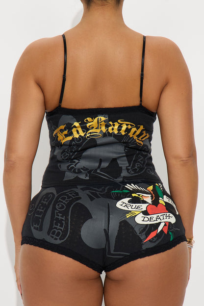 Ed Hardy Heart Pointelle Cami PJ Short Set - Black