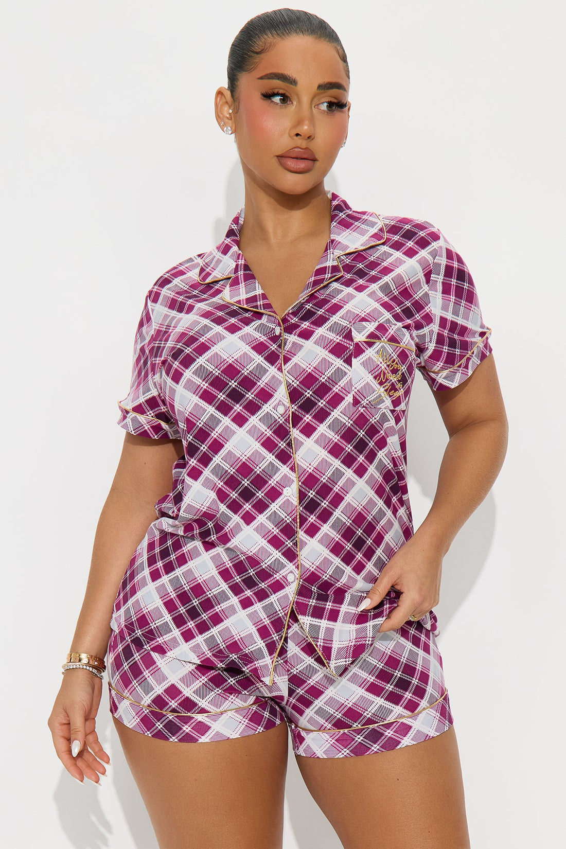 Only Need Sleep Embroidered Glitter Short Sleeve PJ Short Set - Burgundy