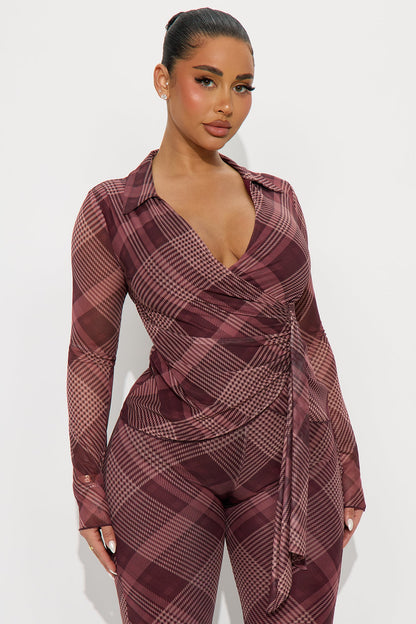 Cher Plaid Wrap Top And Pant Set - Burgundy