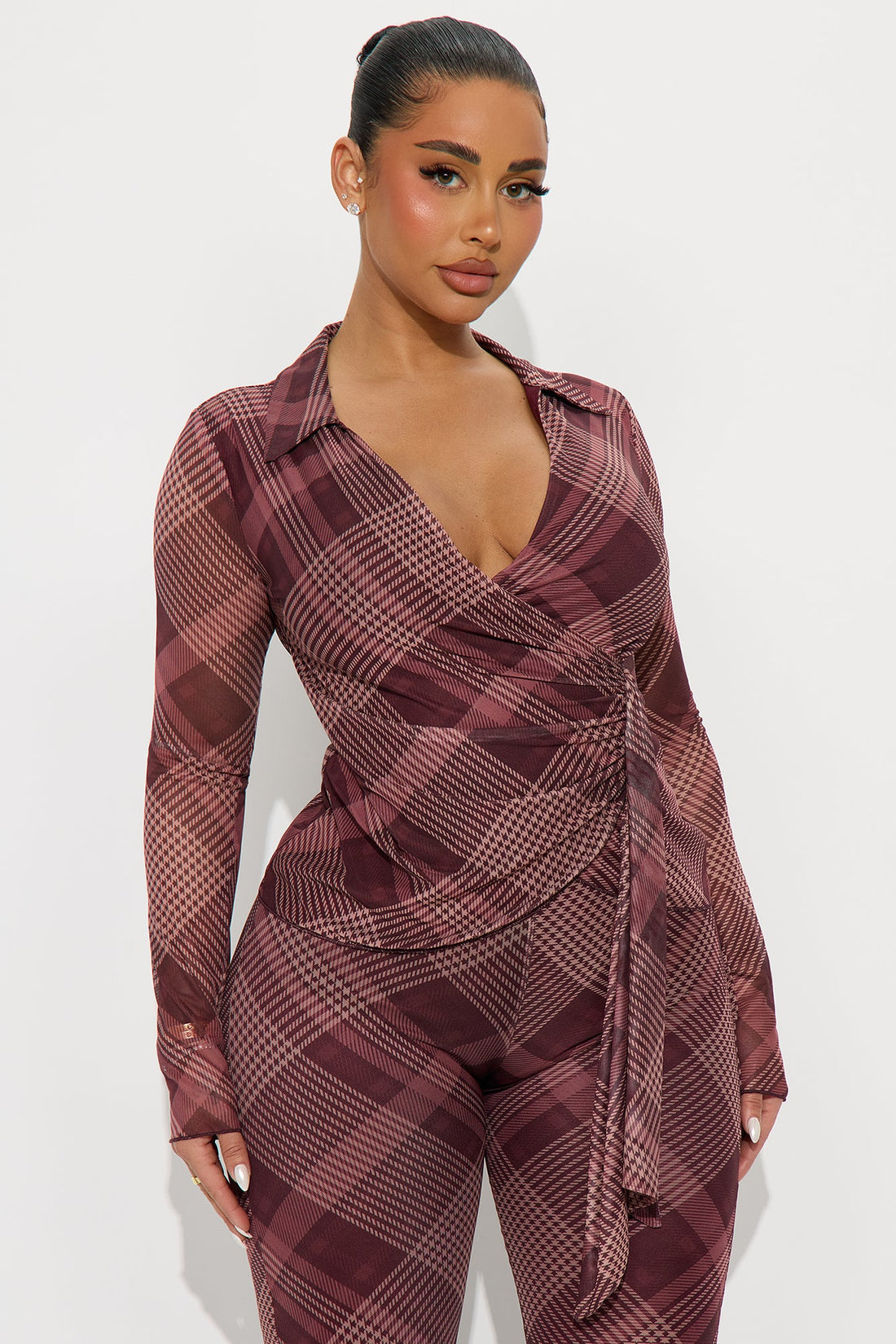 Cher Plaid Wrap Top And Pant Set - Burgundy