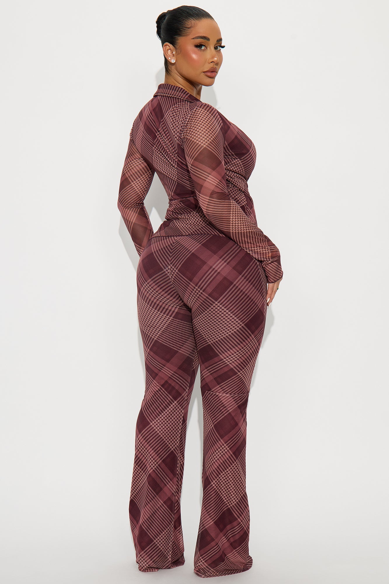 Cher Plaid Wrap Top And Pant Set - Burgundy