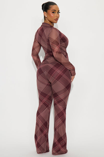 Cher Plaid Wrap Top And Pant Set - Burgundy