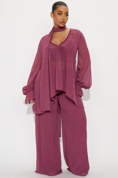 Karina Flowy Chiffon Wide Leg Pant Set - Plum
