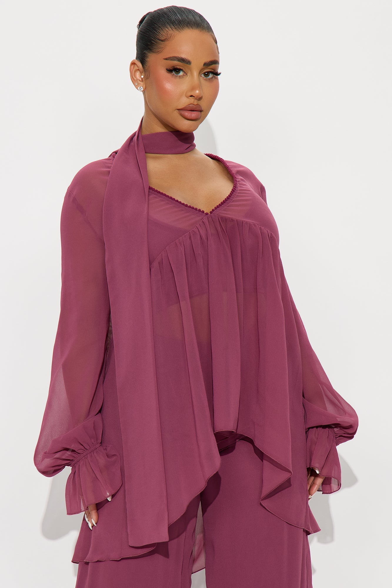 Karina Flowy Chiffon Wide Leg Pant Set - Plum