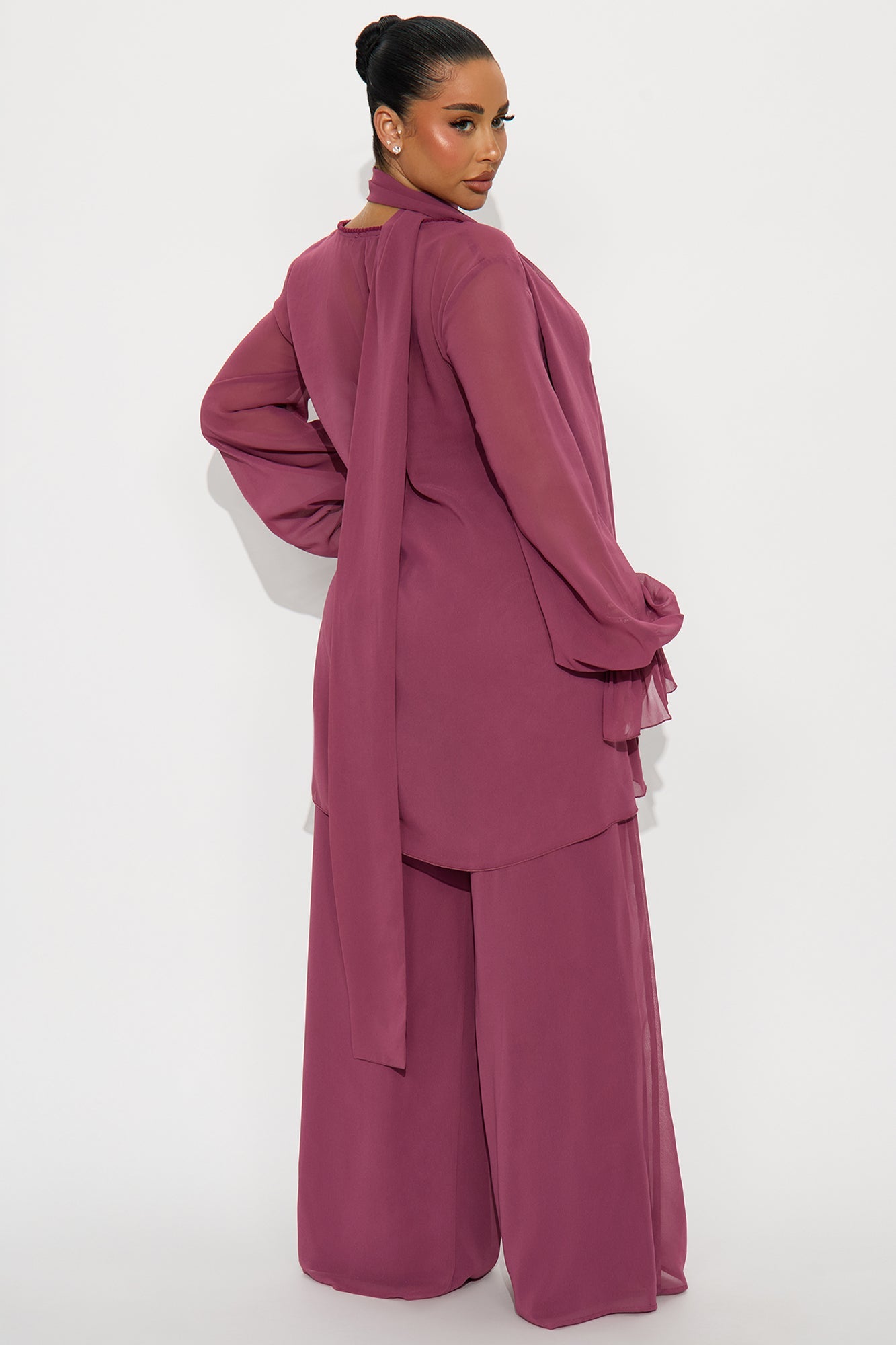 Karina Flowy Chiffon Wide Leg Pant Set - Plum