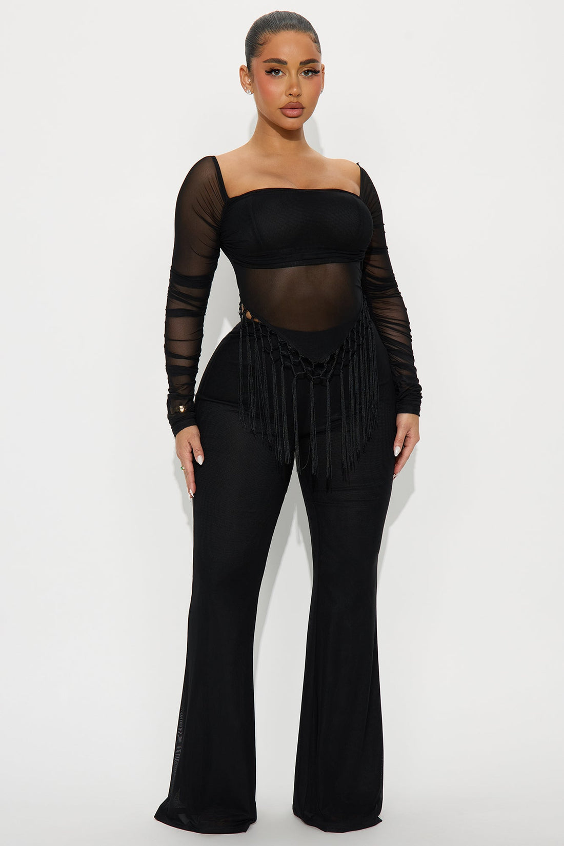 Fringe Desires Mesh Off Shoulder Pant Set - Black