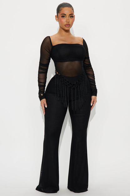 Fringe Desires Mesh Off Shoulder Pant Set - Black