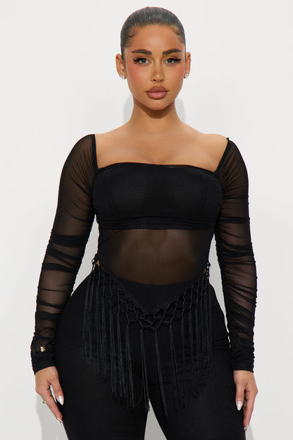 Fringe Desires Mesh Off Shoulder Pant Set - Black