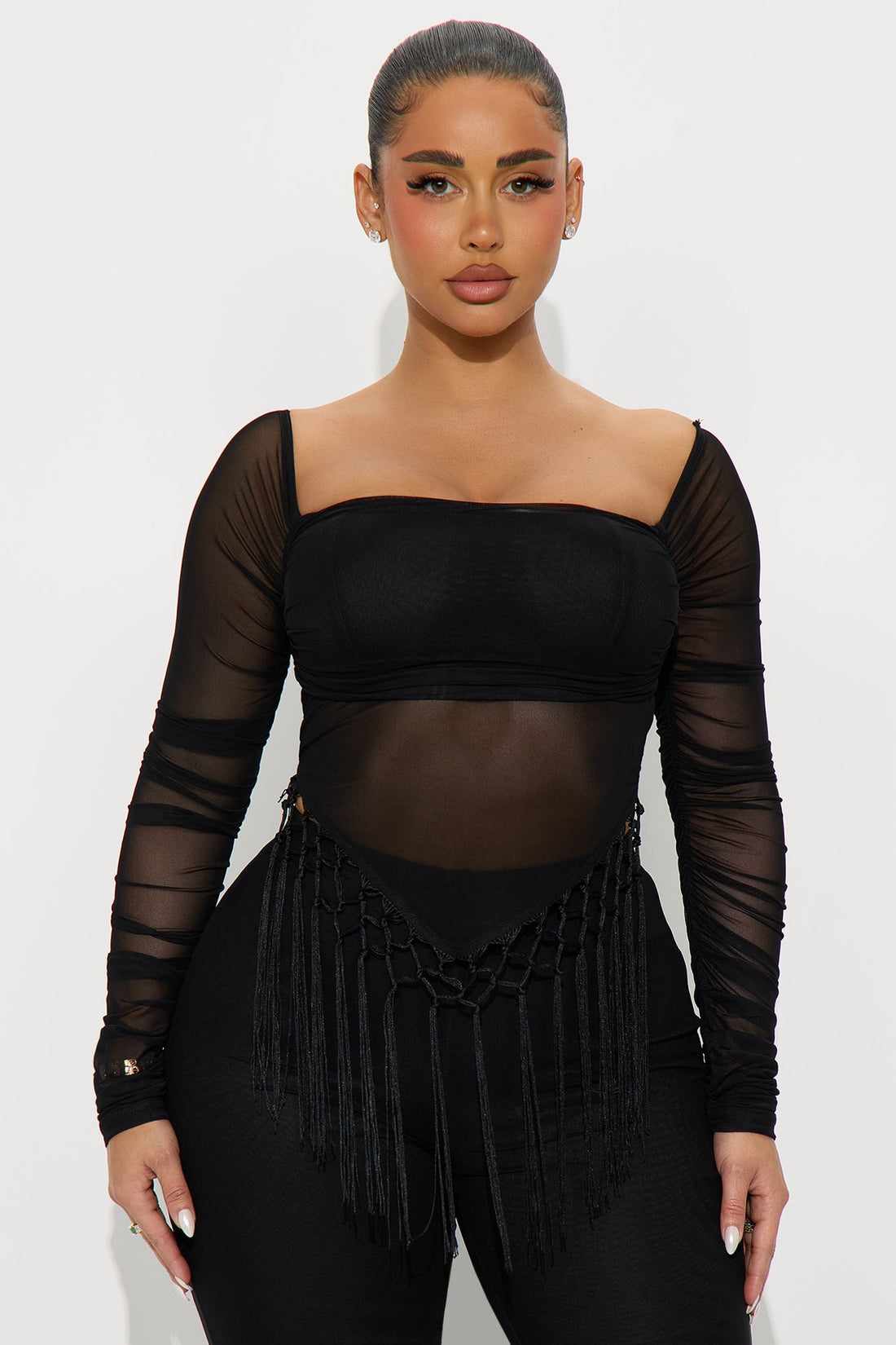 Fringe Desires Mesh Off Shoulder Pant Set - Black