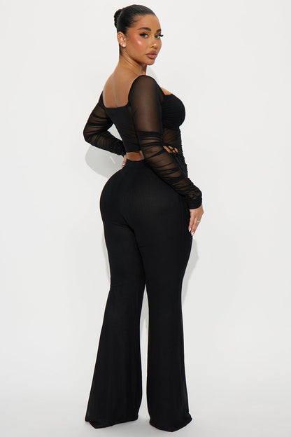Fringe Desires Mesh Off Shoulder Pant Set - Black
