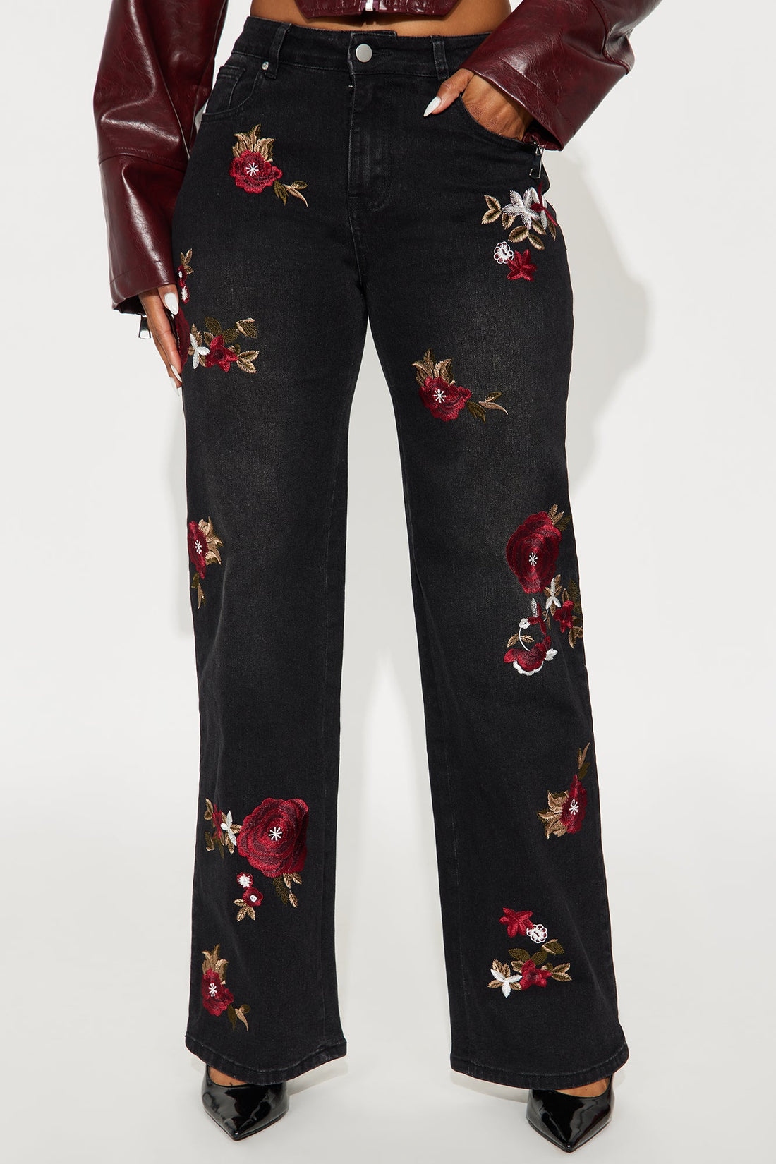 Rosie Embroidered Straight Leg Jeans - Black Wash