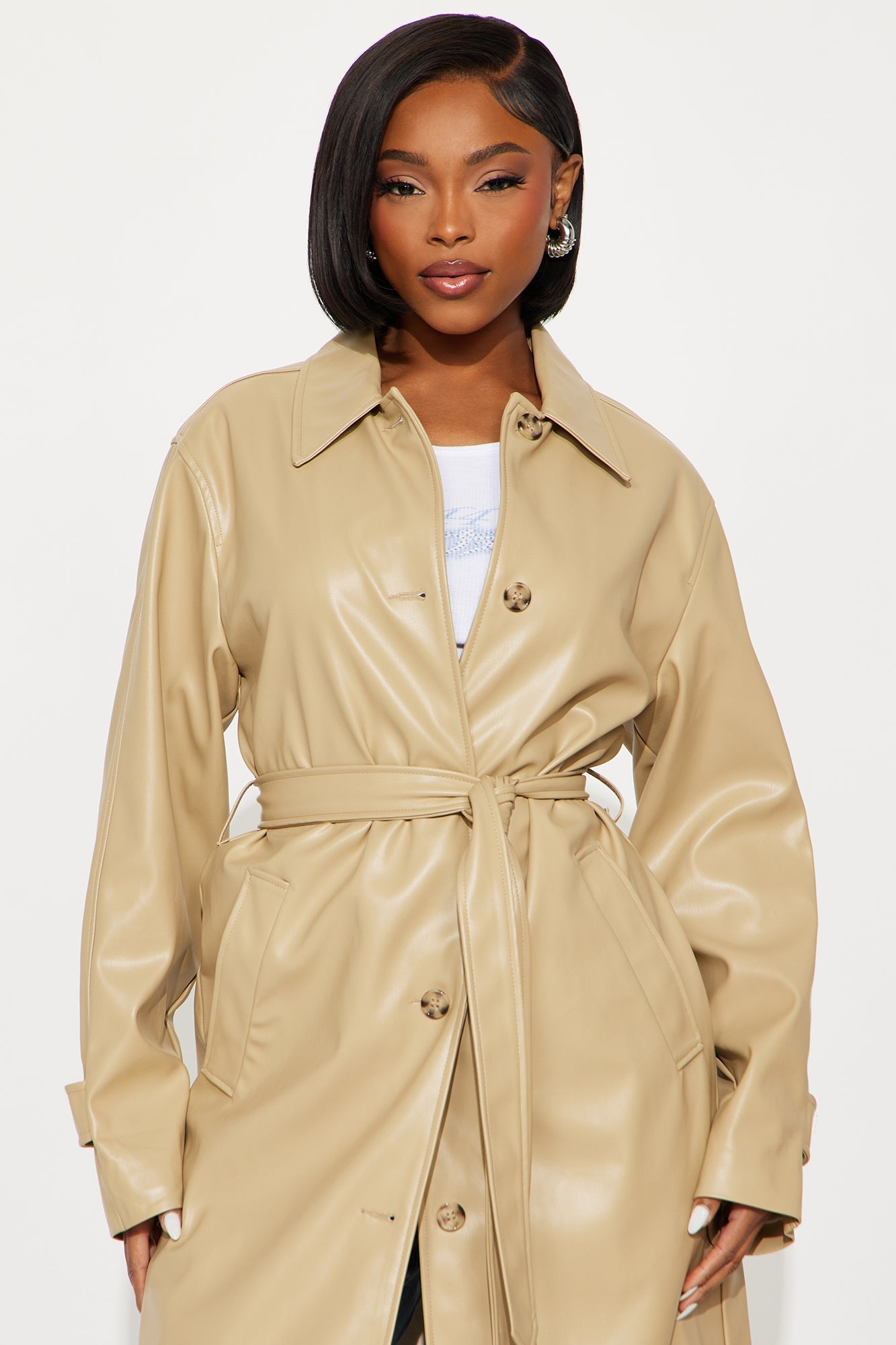Bree Faux Leather Trench Coat - Khaki