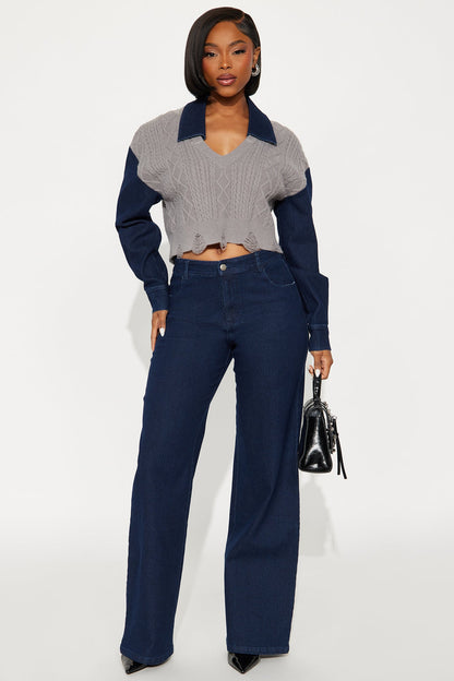 Kaitlyn Denim Sweater Mix Pant Set - Denim