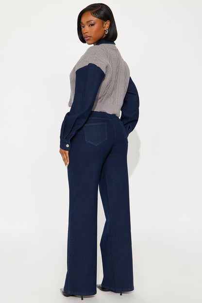 Kaitlyn Denim Sweater Mix Pant Set - Denim