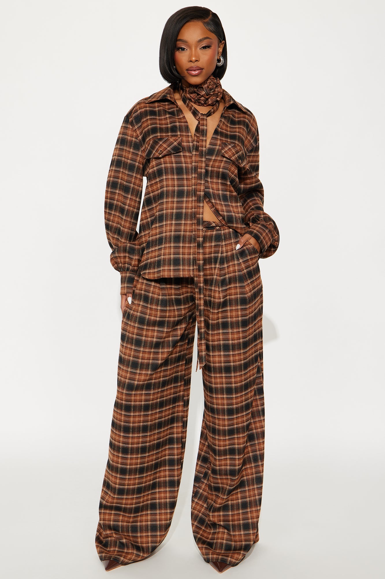 Zakai Plaid Pant Set - Brown Combo
