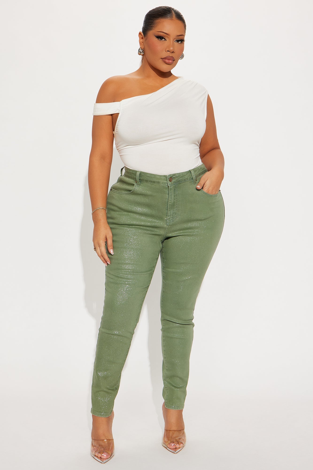 Glorious Glitter Foil Skinny Jean - Olive