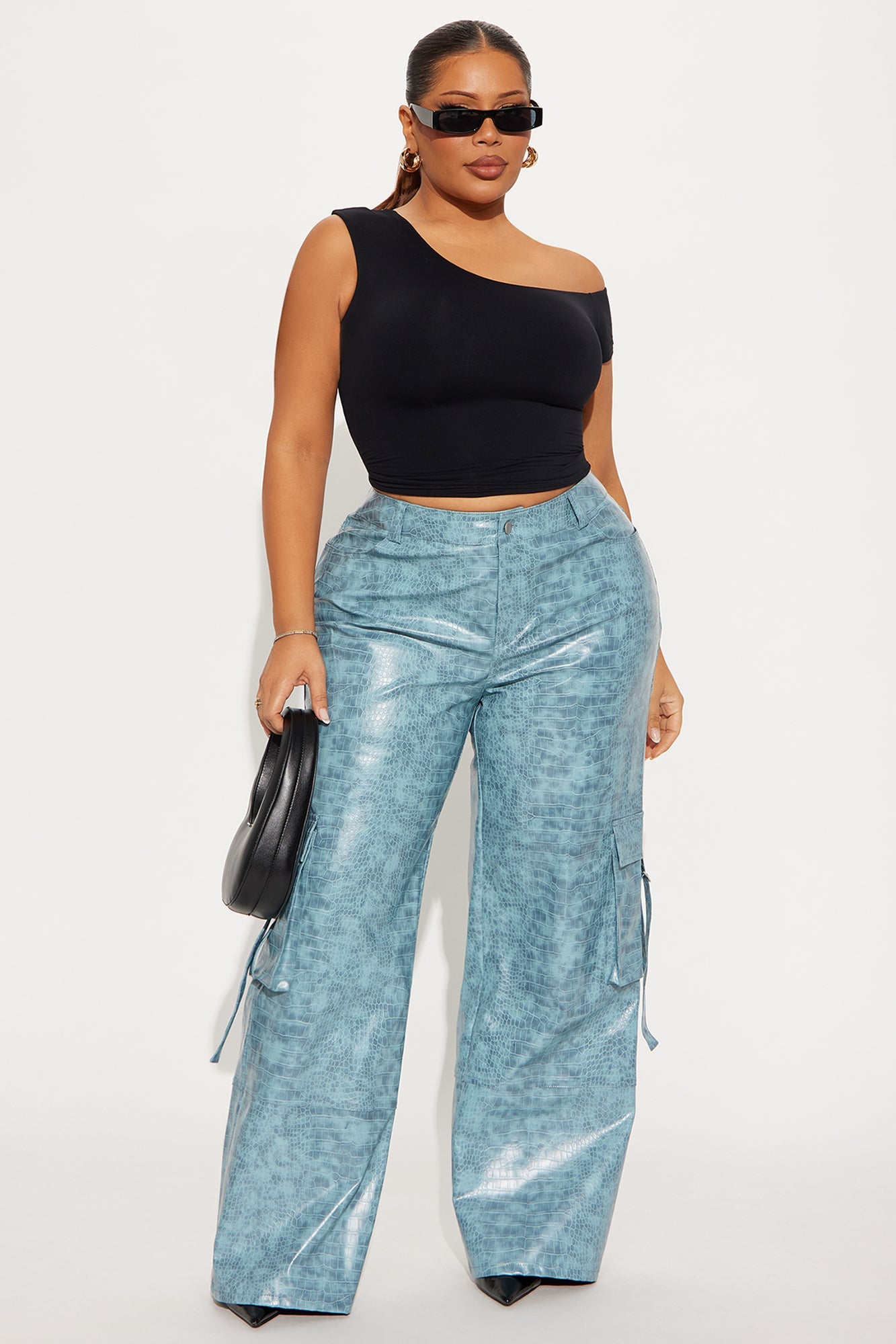 Gigi Embossed Croc Faux Leather Cargo Pant 32″ - Blue