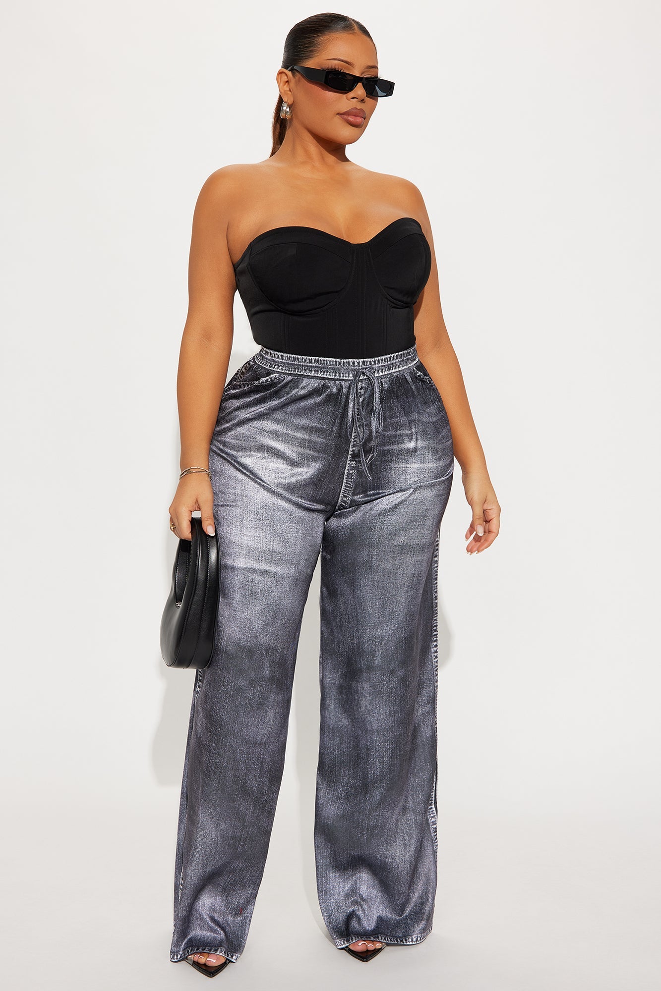 Out The Mix Denim Print Satin Pants - Grey
