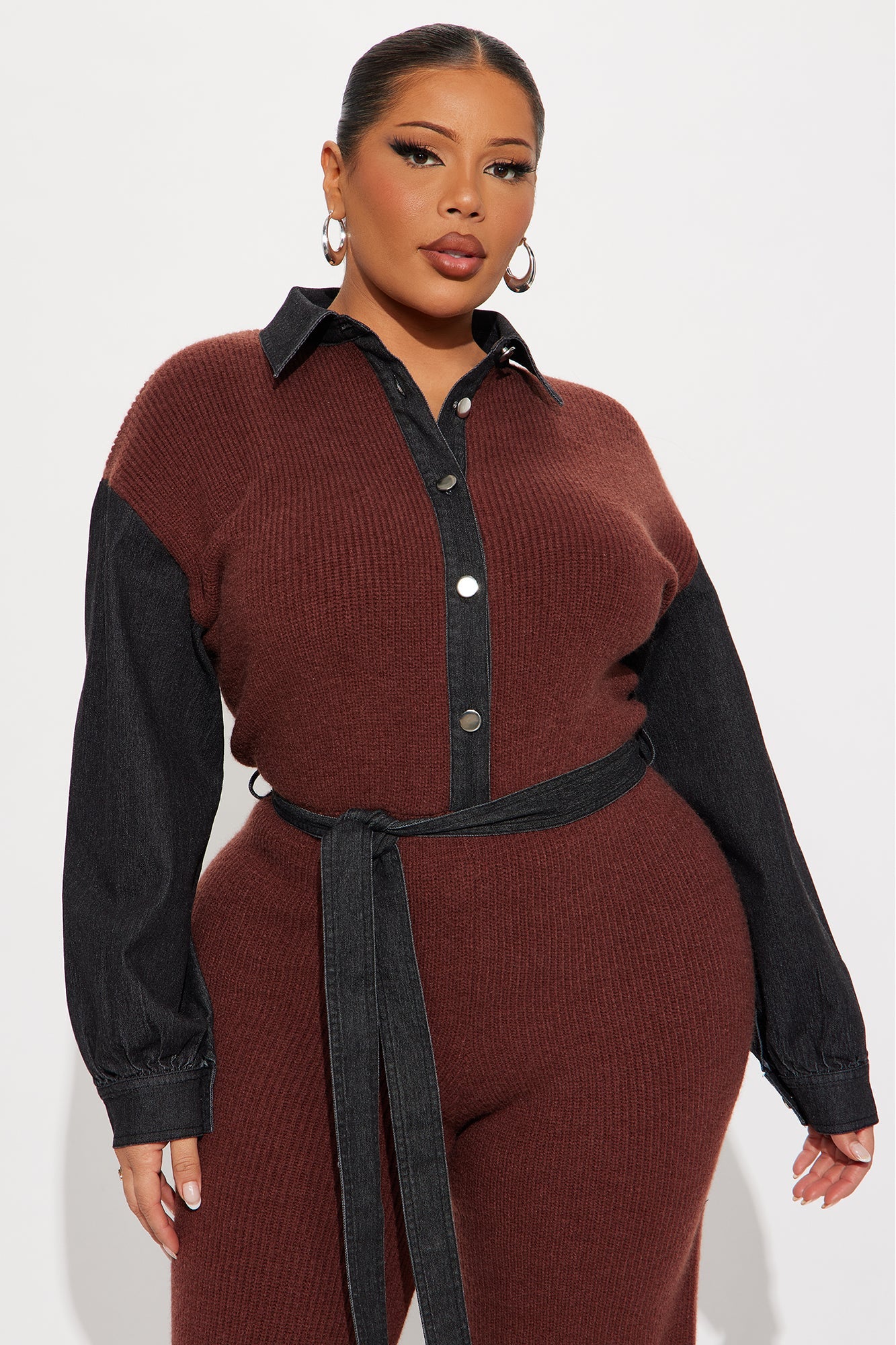 Maria Contrast Trim Collar Sweater Jumpsuit - Brown