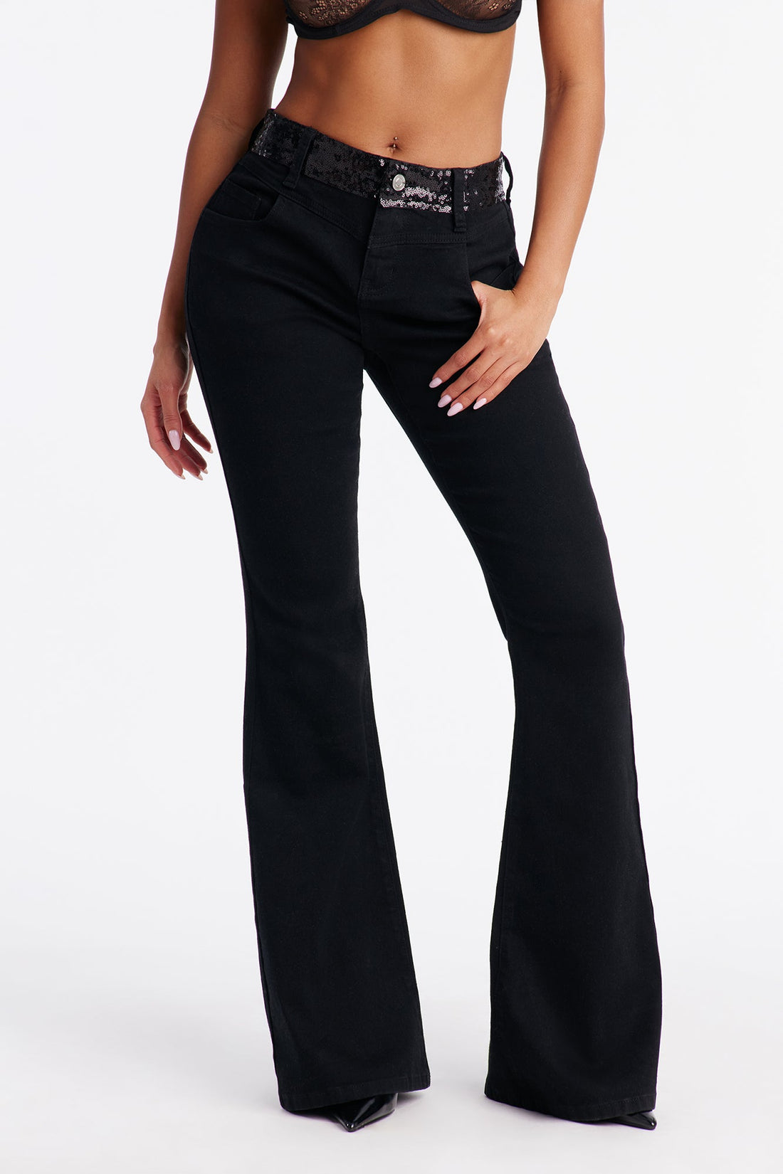 Sydney Sequin Waistband Flare Jeans - Black