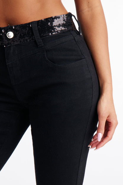 Sydney Sequin Waistband Flare Jeans - Black