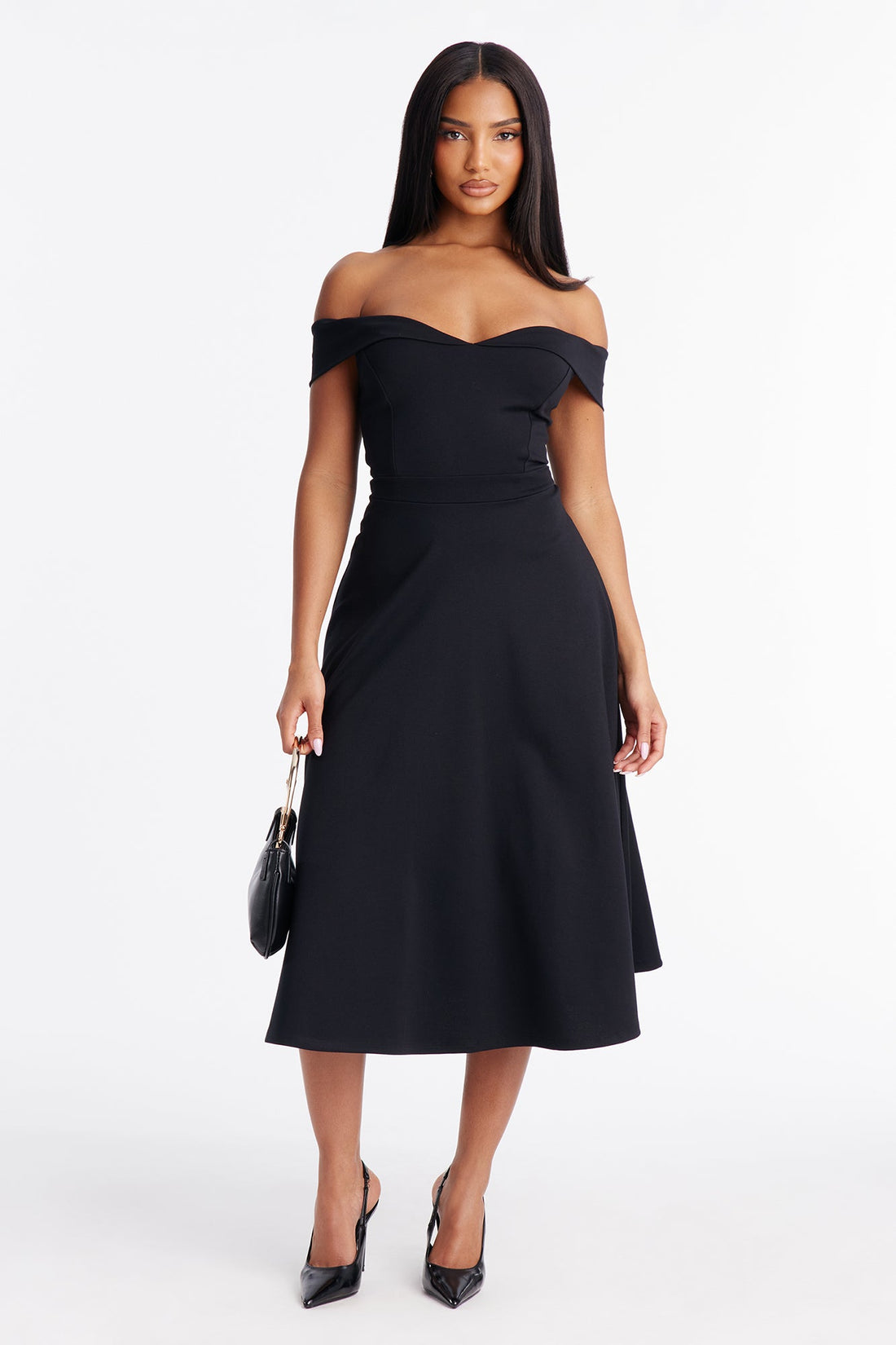 Poppy Body Sculpt Ponte Off Shoulder Midi Dress - Black