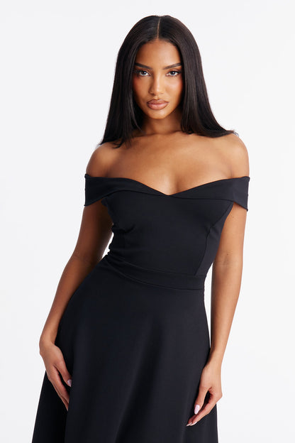 Poppy Body Sculpt Ponte Off Shoulder Midi Dress - Black