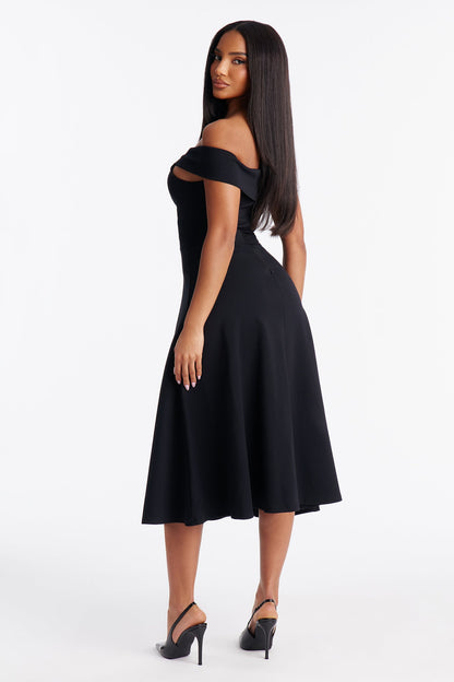 Poppy Body Sculpt Ponte Off Shoulder Midi Dress - Black