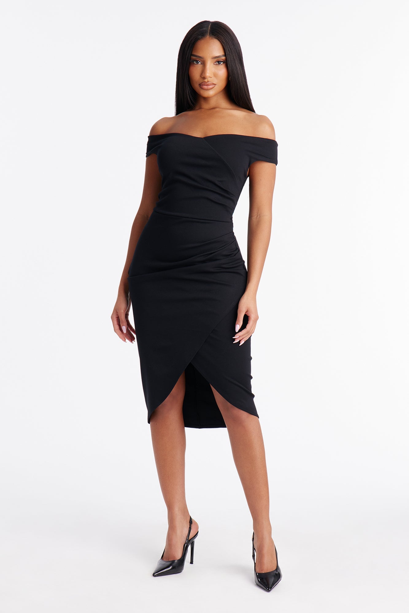 Josephine Off Shoulder Ponte Midi Dress - Black