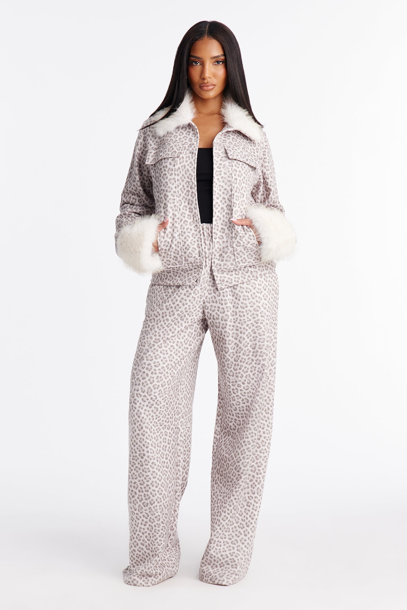 Tori Leopard Faux Fur Pant Set - Cream/combo