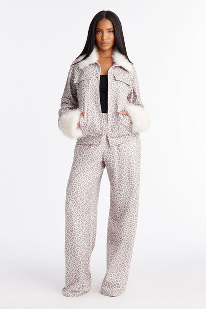 Tori Leopard Faux Fur Pant Set - Cream/combo