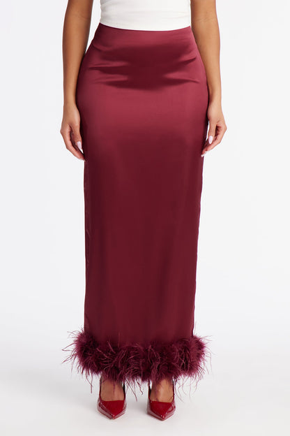 Keep It Classy Satin Feathered Maxi Skirt - Burgundy
