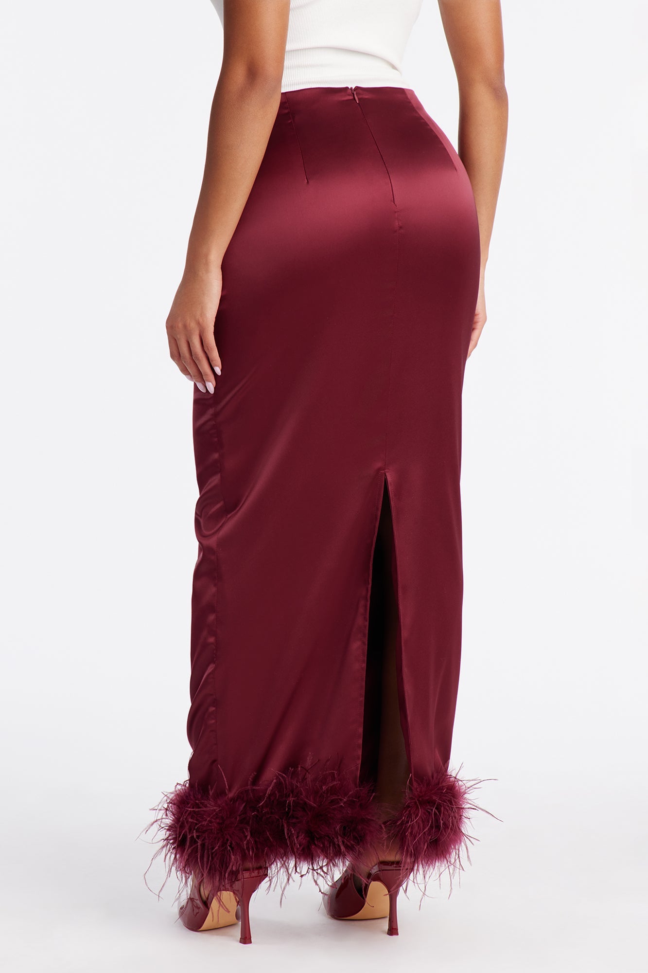 Keep It Classy Satin Feathered Maxi Skirt - Burgundy