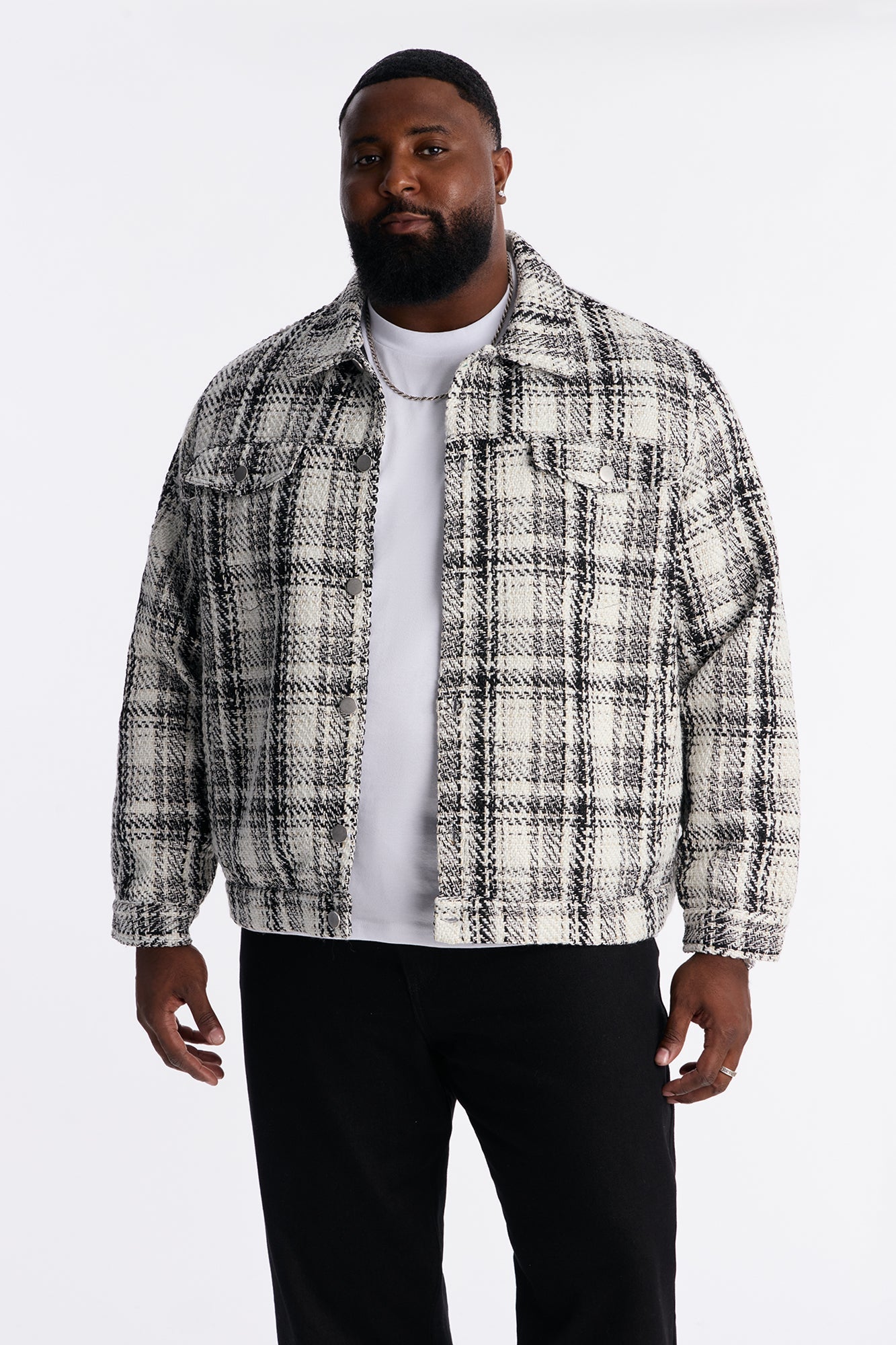 Tweed Plaid Trucker Jacket - Black