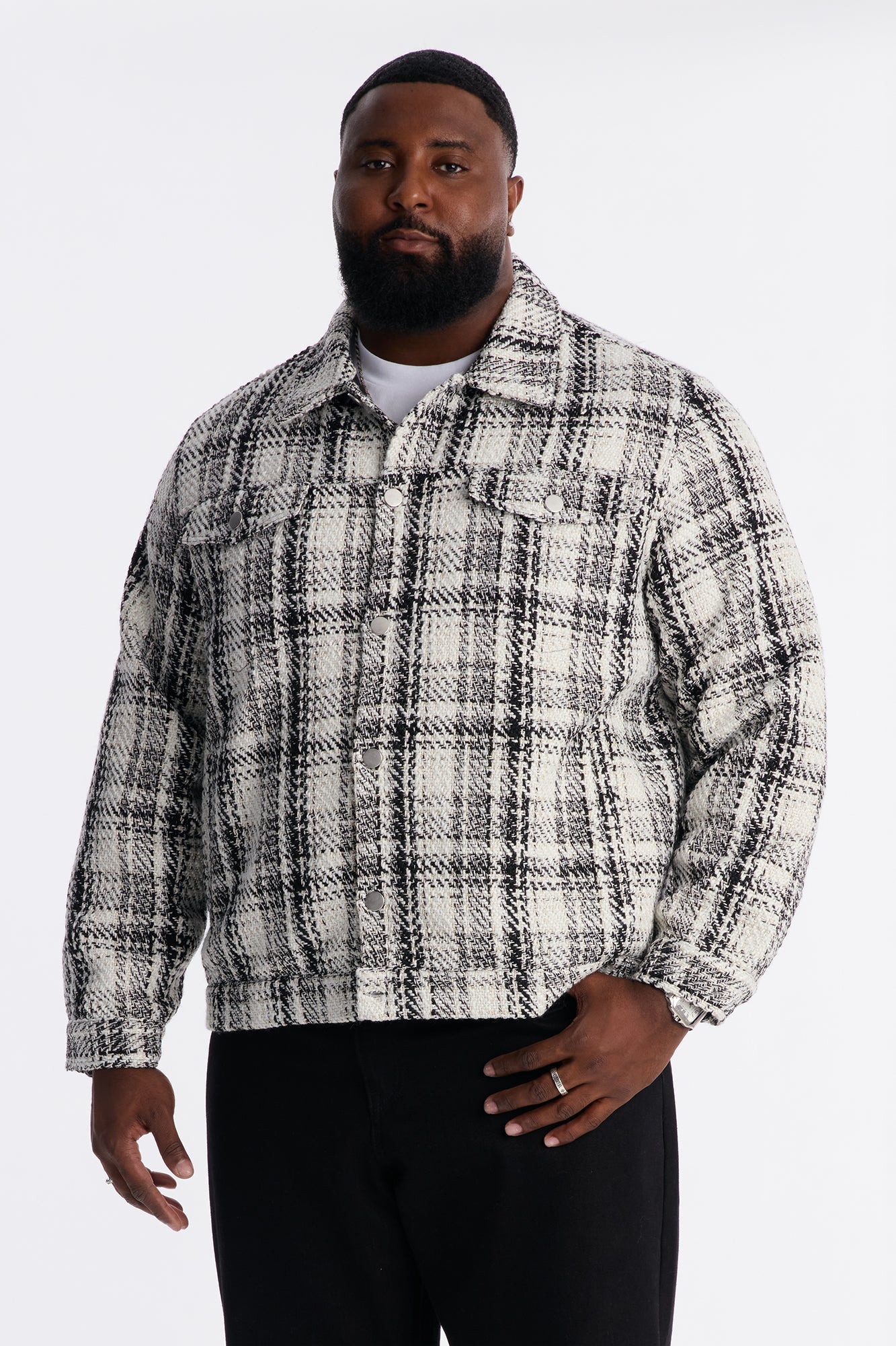 Tweed Plaid Trucker Jacket - Black