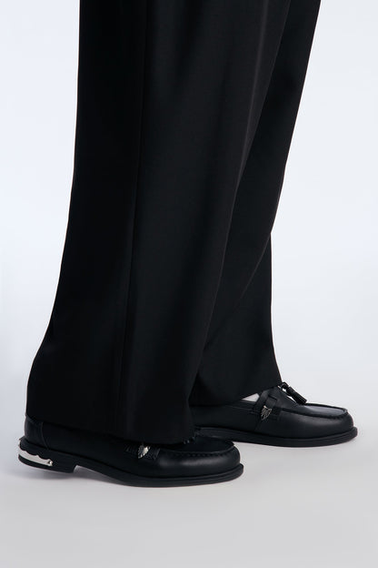 Metal Detail Tassel Faux Leather Loafer - Black
