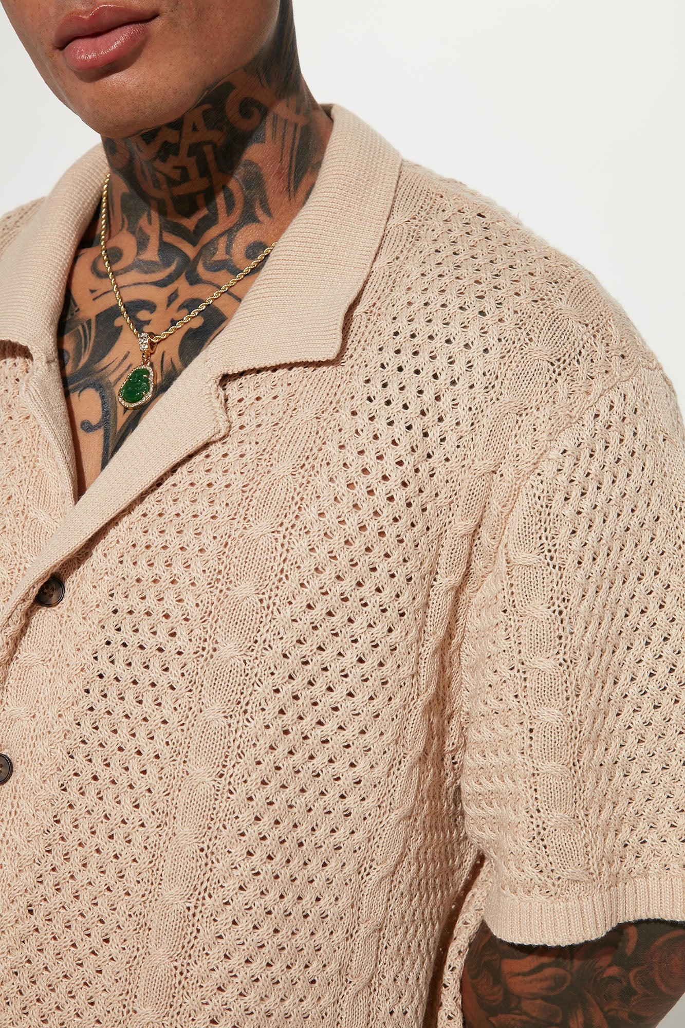 Unwind Cable Knit Short Sleeve Button Up - Oatmeal