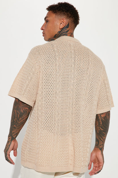 Unwind Cable Knit Short Sleeve Button Up - Oatmeal