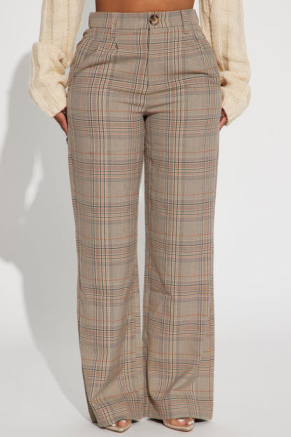 Talk Later Wide Leg Plaid Trouser - Khaki/combo