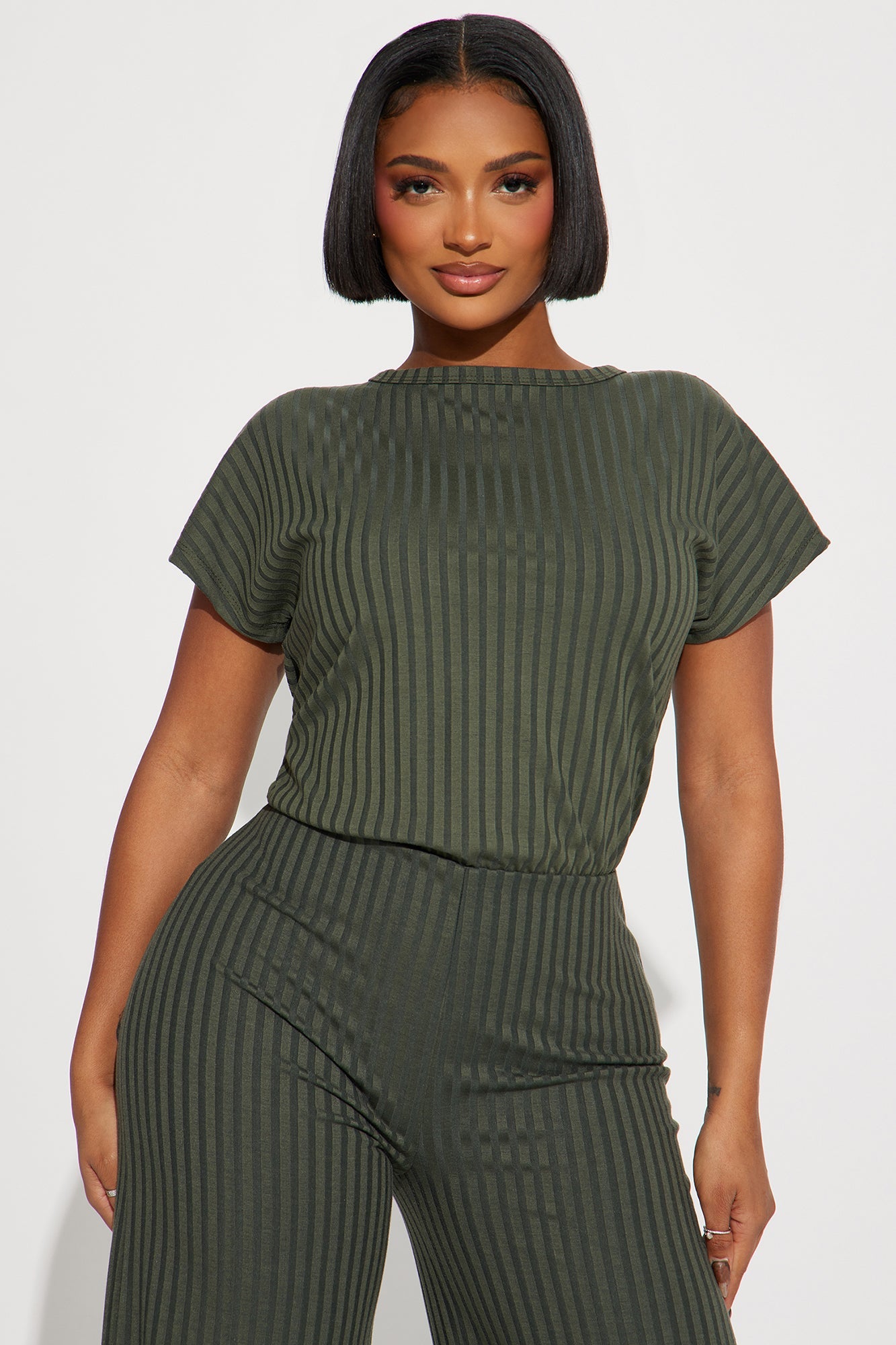 Too Little Too Late Ribbed Jumpsuit - Olive